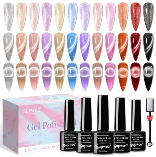 SUPWEE Magnetic Gel Nail Polish 9D Cat Eye Gel Polish Set, 12 Colors Holographic Glitter Cateye Nail Gel Polish with Magnet Soak Off UV Gel Nail Art Manicure Salon