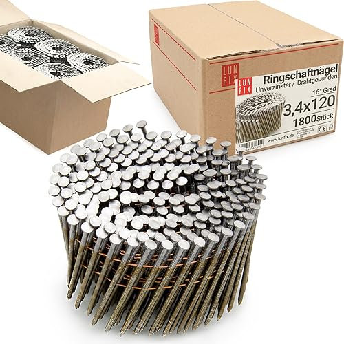 Lun Fix 16° Grad Ring Drahtgebundene Coilnägel 3,4 x 120 mm | Packung 1800 Stück |Ringschaftnägel | Gasnagler |Akku-Nagler | Blank Nägel | Ringschaft | für Druckluftnagler | Unverzinkt | Spule