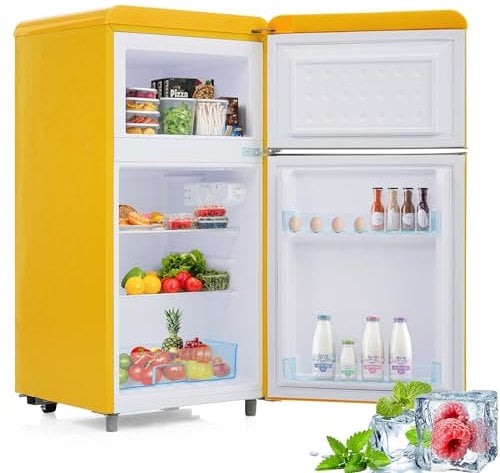 Merax Retro Doppeltür-Kühlschrank: Stilvoll, energiesparend mit 72L und 21L Volumen, LED-Licht - Gelb