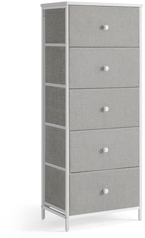 SONGMICS Kommode, Aufbewahrungsschrank mit 5 Stoff-Schubladen, Metallrahmen, hoch und schmal, Taubengrau-cremeweiß LTS315G01