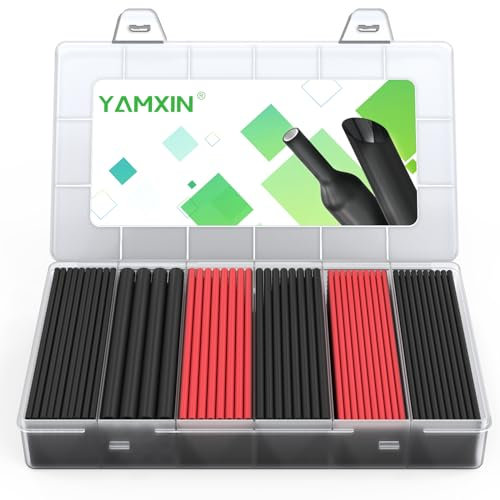 YAMXIN Schrumpfschlauch Set mit Kleber – Ø12,7/6,4/3,2/2,4 mm – 11 cm lang – 3:1 Schrumpfverhältnis– 140 Stück – Schwarz & Rot
