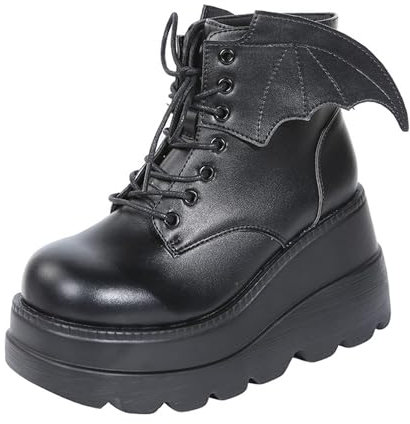 Agiyenna Stivaletti Gotici Con Plateau E Lacci Da Donna Stivali Punk Con Tacco Largo Stivaletti Piatti Scarpe Grosse In Vernice Stivali Alti Con Motivo A Ragnatela Ali Di Pipistrello