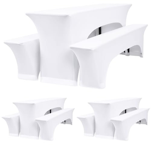 Teruntrue 3 Sätze weiße Biertischhussen,Elastische Bierbankhusse und Tischdecken,Bierzeltgarnituren 220 x 50 x 70 cm, 50 cm Tischbreite, für Bankett Gartenmöbel Abdeckungen.