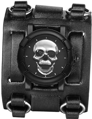 JewelryWe Herrenuhr Totenkopf Echtleder Uhr: Vintage Punk Halloween Schädel Armbanduhr Herren Schwarz Breit Lederarmband Biker Sport Lässige Uhr für Männer Junge