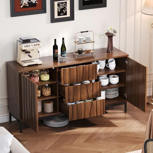 YESGIGA Sideboard 150cm Eiche dunkel gemasert, 3 Schubladen, großes Sideboard, Küchenschrank, Einteilige Aussparung, Mid Century Modern Dekorativer Schrank