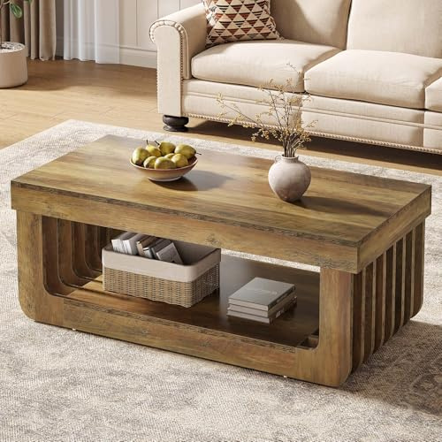 Tribesigns Couchtisch mit Lagerung, 120cm Rechteck Wohnzimmertisch, 2-Tier Bauernhof hölzerne Mitte Tisch für Wohnzimmer, Büro, Rustikale Braun