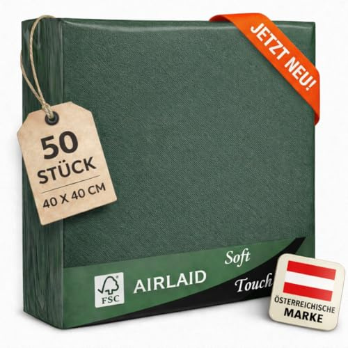 EV® Airlaid Servietten - 50 Stück, Tiefgrün (40 x 40 cm) - Stoffähnlich | Stilvolle Tischdeko - Einfarbig, Saugstark & Elegant - Ideal für Hochzeit, Geburtstage & Feste