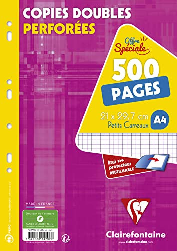 Clairefontaine 14792C Un Étui de Copies Doubles Perforées - A4 21x29,7 cm - 500 Pages Petits Carreaux - Papier Blanc 90 g - Étui Réutilisable