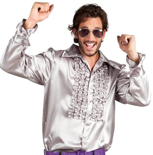 Boland- Disco Hemd mit Rüschen, Silber, für Herren, Kostüm, Party Shirt, Schlagermove, 70er Jahre, Mottoparty, Karneval