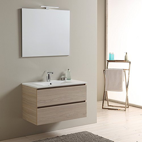 Kiamami Valentina - Mobile Bagno Sospeso 80 CM con Lavabo in Ceramica | Specchio con Luce LED | Due Cassetti Soft-Close | Olmo Leone, 80 CM + Luce LED, Legno