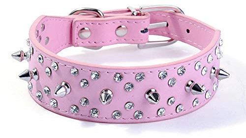 haoyueer Collar de perro de cuero con tachuelas con pinchos, con remaches de bala y diamantes de imitación, suave y ajustable para perros medianos y grandes (S, rosa)