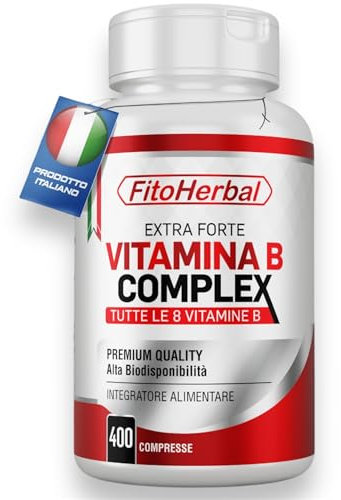 Vitamina B Complex ALTO DOSAGGIO Integratore Complesso Vitamine B1 B2 B3 B5 B6 B7 B9 B12 per Stanchezza Sistema Immunitario Memoria Capelli Occhi Pelle. 400 Mini Compresse Made in Italy