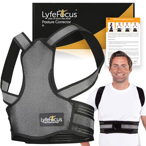 LyfeFocus S1 Atmungsaktiver Premium-Rückenstützer - Obere Rückenstütze, Rückenbandage und Rückenbegradiger - effektive Haltungskorrektur bei Nacken-, Schulter- und Rückenschmerzen (Schwarz, Mittel)
