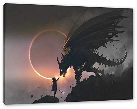 Pixxprint Zauberer und Drache bei Sonnenfinsternis B&W Detail, Größe: 100x70cm, Leinwandbild, fertig gespannt, Wandbild, Dekoration, Kunstdruck, kein Poster