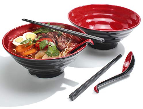 Lanbent Tazones de Ramen, Capacidad Tazón de Sopa Japonés con Cuchara y Palillos, para Pasta Udon Pho Fideos Asiáticos, Aptas para el Lavavajillas (2PCS) (L)