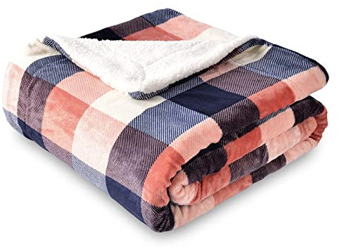 SOCHOW Karierte Sherpa Decke Fleecedecke Kuscheldecken, Dicke Sofadecke Couchdecke, doppelseitig superweiche warm luxuriöse Sofaüberwurf Flauschige Wohndecke 150 x 200 cm, Korallerosa