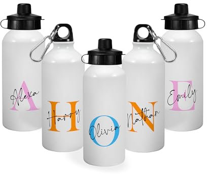 Personalised Aluminium Water Bottle – 400ml or 600ml – Custom Name Bottle with Sports Cap & Carabiner – White Bottle for School, Sports, Cycling, Kids, Boys & Girls