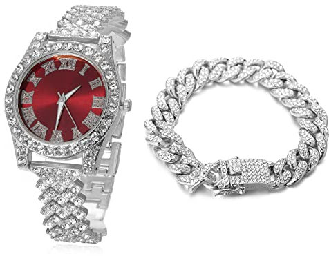 Halukakah Diamanten Gold Uhr, Damen Platinplattiert Weißgold 36MM Breite Rot Zifferblatt Quarz Armband 20cm mit Kubanischer Kette 18cm Bracelet,Kostenlose Geschenkbox