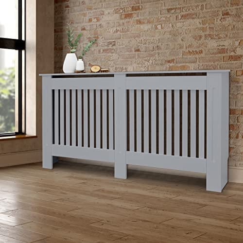 ECD Germany Cubierta del Radiador 152x19x82cm MDF Gris Lacado Revestimiento Protector Vintage de Calefacción Estilo Rústico Superficie de Estantería Útil de Madera para Sala de Estar Dormitorio