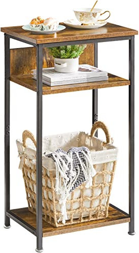 IBUYKE Mesa Auxiliar Alta, de 3 Niveles, de Teléfono con Estantes de Almacenamiento, Mesita de Noche, para Sala de Estar, Dormitorio, Cocina, 29D x 39W x 73.5H cm, Marrón Rústico TMJ408H