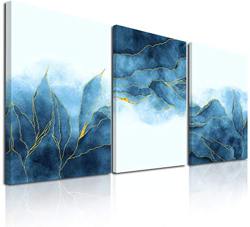 Abstraktes blaues Blattgold auf Leinwand, Wandkunst, Heimwanddekoration, Küche, modernes Badezimmerbild, Kunstwerk Schlafzimmer, Heimdekoration, 3-teiliges wasserdichtes Ölgemälde, 30CM*40CM*3Stück