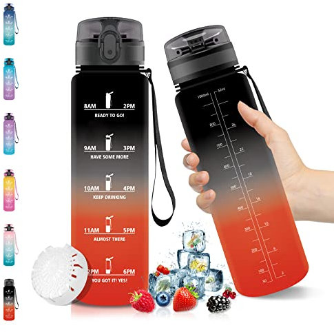 Vikaster Bouteille d'eau, Gourde Sport 1 Litre, sans BPA, Water Bottle Ouvrir en un Clic, Convient Pour la Gym, le Yoga, Camping, Randonnée, Noir Rouge