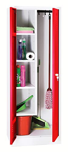 Schrank & Stuhl Mehrzweckschrank | Besenschrank mit verkürzter Trennwand, Hakenleiste und 5 Fächern 180x80x50, Zylinderschloss, komplett montiert, Weiß/Rot