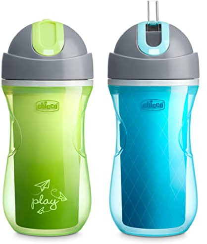 Chicco 9oz. Double-Wall Insulated Flip-Top Sippy Cup with Silicone Straw and Spill-Free Lid | Top-Rack Dishwasher Safe | Easy to Hold with Ergonomic Indents | Green Play/Teal, 2pk | 12+ Months