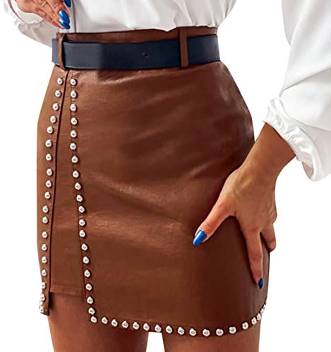 Damen Röcke Lederoptik Schlank Plissee Halblanger Lederrock Leggins (c-Brown, L)