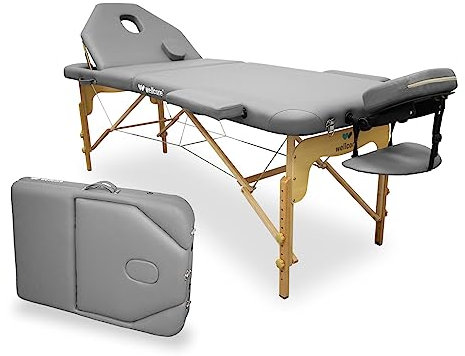 Quirumed WELLCORE Massageliege, klappbar, mit aufklappbarer Rückenlehne, aus Holz, Kunstleder, 195 x 70 cm, höhenverstellbar, Abnehmbarer Kopf, Gesichtsloch, Silber, bis 225 kg