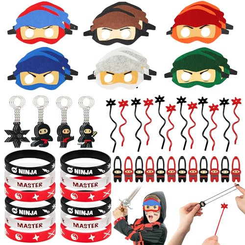 TUZHE Ninja Party Mitgebsel Kindergeburtstag 60 Stück Kindergeburtstag Mitgebsel Ninja Masken Schlüsselanhänger Armbänder Fingerschleuder Fliegendes klebriges Spielzeug für Jungen Ninja Themed Party