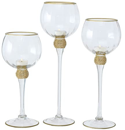 WHOLE HOUSE WORLDS City Chic Glam Kelch-Kerzenhalter, 3er Set, künstliche Diamantenverzierung, goldene Akzente, transparentes lackiertes Glas, 40 cm, 35 cm und 30 cm