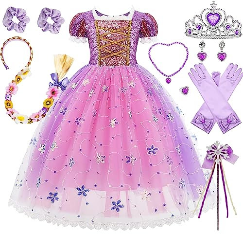 Timesun Puffärmel Angels Prinzessin Rapunzel Kostüm Kleid für Mädchen Kinder Halloween Karneval Party Verkleidung Perücken Kronen Zepter Ketten Ringe Ohrringe Handschuhe (glänzendes Lila, 130)