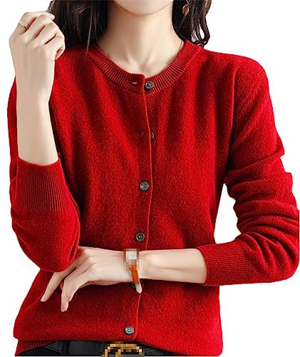 Cardigan da donna in cashmere girocollo, a maniche lunghe, tinta unita, morbido, vinaccia, S