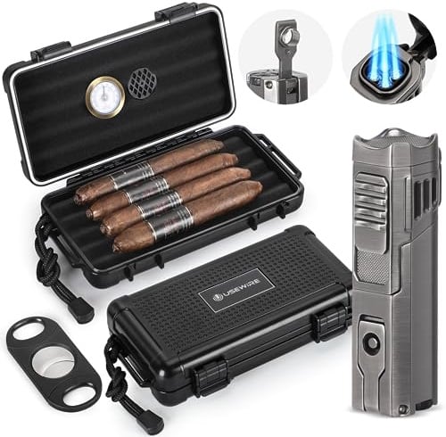 USEWIRE Zigarren Reise Humidor und Zigarrenanzünder Set, Tragbare Reise Zigarrenetui mit Luftbefeuchter, Hygrometer, Zigarrenanzünder, Zigarrenschneider, Reisehumidor hält 4-5 Zigarren Zigarren