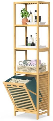 BAMBOOHOMIE Bambus-Wäschekorb, 4-stöckig, neigbarer Wäschekorb für Wäsche, mit Ablage und abnehmbarem Wäschekorb, kann in 2-stöckige ausziehbare Wäschekorb und freistehendes Regal mit 2, Natur