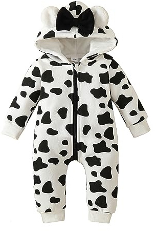 Carolilly Baby Girls Winter Warm Infant Jumpsuit Bear Ear Snowsuit Newborn Hooded Romper Warm Coat Heart/Cow Pattern Long Sleeve Zipper Romper (Black White Cow, 3-6 Months)