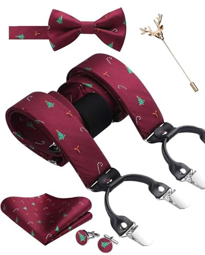 SzonMcnl Weihnachten Herren Hosenträger mit Fliege Set Hosenträger in Y-Form mit 6 extra starken Clips Weihnachtsgeschenke und Fliege Einstecktuch (Weihnachtsbaum 1)