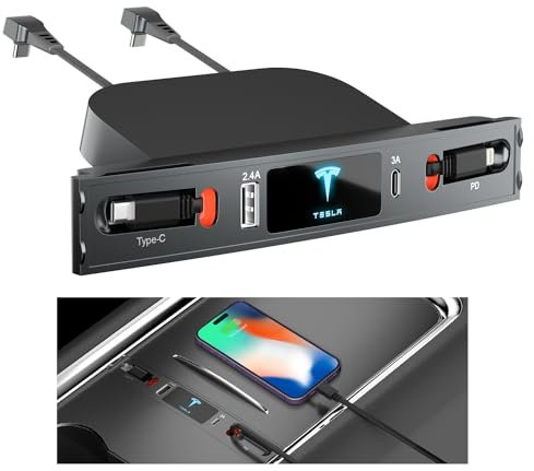 Tesla USB Hub for 2021 2022 2023 Tesla Model 3 Model Y,Retractable Hub Docking Station with Fast Charging Cable Multi Port,Tesla Accessories Docking Station of Center Console for Model 3/Y