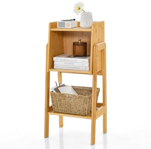 COSTWAY 3/4-Tier Bamboo Bookshelf, Freestanding Storage Shelving Unit Bookcase Stand with Raised Edge Design, Narrow Display Rack Shelf for Living Room Bedroom Office (3-Tier: 37 x 27 x 80cm)