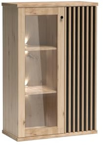 Vitrine à Lamelles MALI, 86,4x131,9x40,6 cm, Étagère Avec Portes Vitrées, Idéale Pour Le Salon, Vitrine Moderne en Verre, Sans Pieds Métalliques, Avec Éclairage LED - Chêne Artisanal/Noir