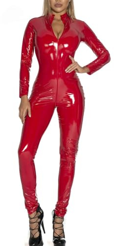 ORANDESIGNE Damen Wetlook Leder Jumpsuit Silber Body Leggings Latex Catsuit Lack Overall Reißverschluss Langarm Bodysuit Frauen Sexy Dessous Gogo Clubwear A Rot M
