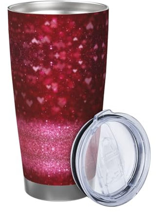 ZaKhs Becher mit rotem Glitzer-Herz-Druck, 590 ml, mit Deckel und Strohhalm, Edelstahl-Kaffeetasse, isolierter Reisebecher für Damen und Herren