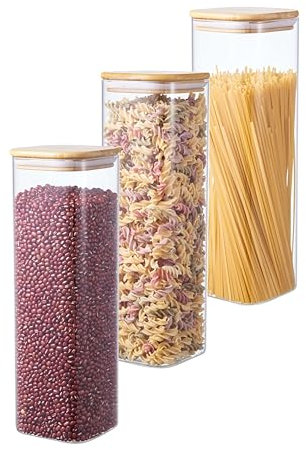 ORNAMI Airtight Glass Pantry Storage Canister with Bamboo Lid | BPA-Free, Clear Kitchen Storage Jar | Square shaped (3, 2.5L)