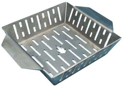 Feuerfest 123 Grillkorb I 18 x 18cm I Robuster BBQ-Grill-Korb aus Edelstahl I Massiver Gemüsekorb mit 2mm Stärke I Hochwertiges Grill-Zubehör aus Handarbeit I Ideal für Kohle- & Gasgrill