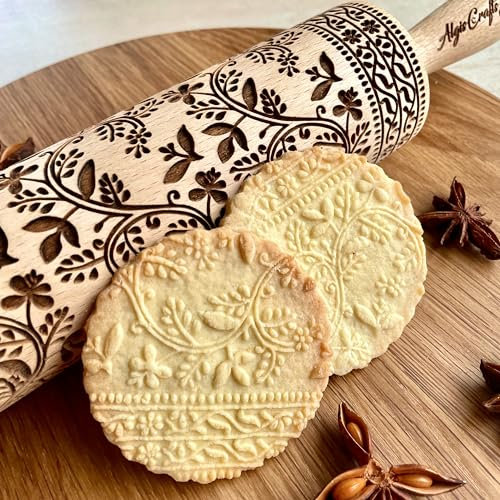 Gravierte Teigrolle mit FLORAL VINE Muster entworfen in Zusammenarbeit von Algiscrafts und Pottery by Jas für Keramik und Kekse