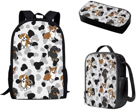 Pzuqiu Cute Puppy School Backpack 3PCS Set for Teen Cartoon Backpack with Matching Lunch Bag & Pencil Pouch for Kids Elementary Primary Middle Student Bookbag