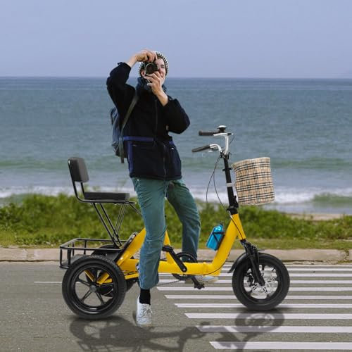 Sindipanda 14 Zoll Faltbares Dreirad für Erwachsene 3 Räder Fahrrad Senioren Trike mit Einkaufskorb, Scheibenbremse, Stadtdreirad Männer und Frauen für gelten 1.55-1.8m