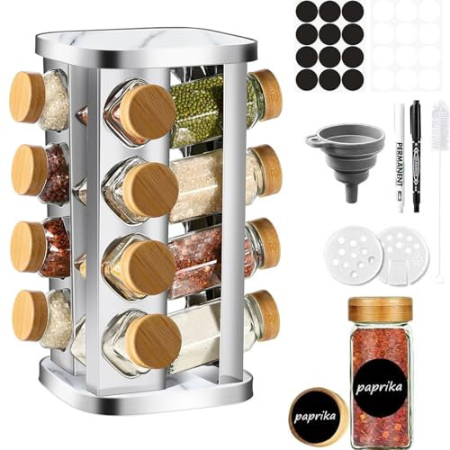 SAEIV Étagère à épices rotative de cuisine avec 16 pots à épices avec couvercle en bambou, support à épices en acier inoxydable de qualité supérieure, organisateur d'épices avec fil en marbre