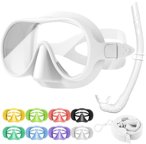 HINATAA Juego de esnórquel para adultos, gafas de buceo sin marco, 180°, ultra visión amplia, antivaho, antifugas, máscara de buceo profesional, gafas de natación para mujeres y hombres (juego blanco)